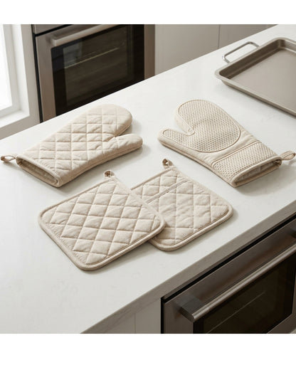 Kibn Oven Mitt and Pot Holder Set Oat 4 Piece